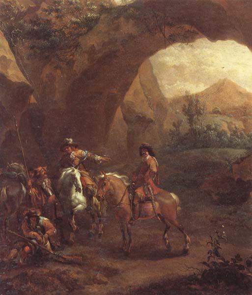 Adam Colonia Landscape with troopers and soldiers beneath a rocky arch